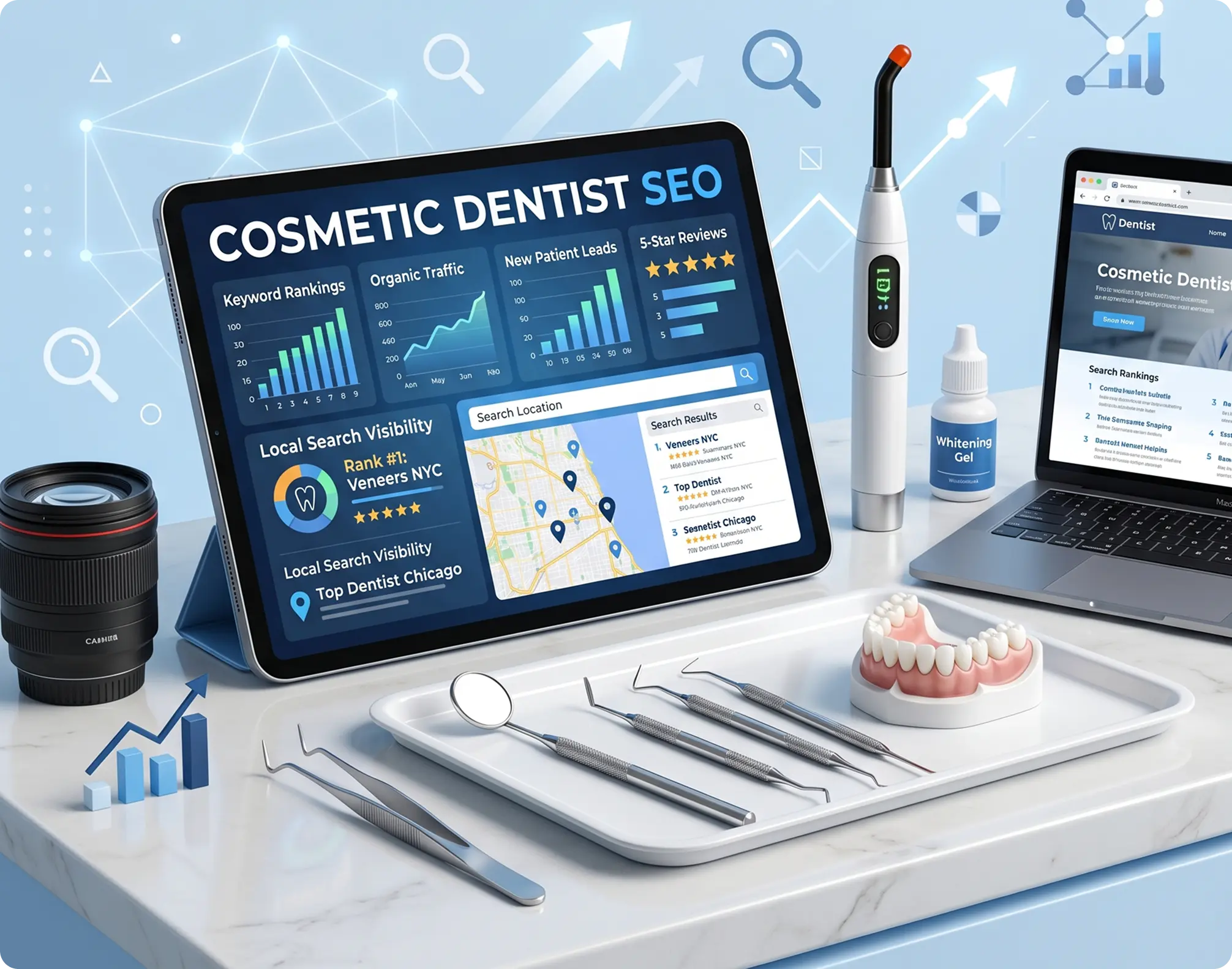 Cosmetic dentist SEO dashboard showcasing patient acquisition and growth.