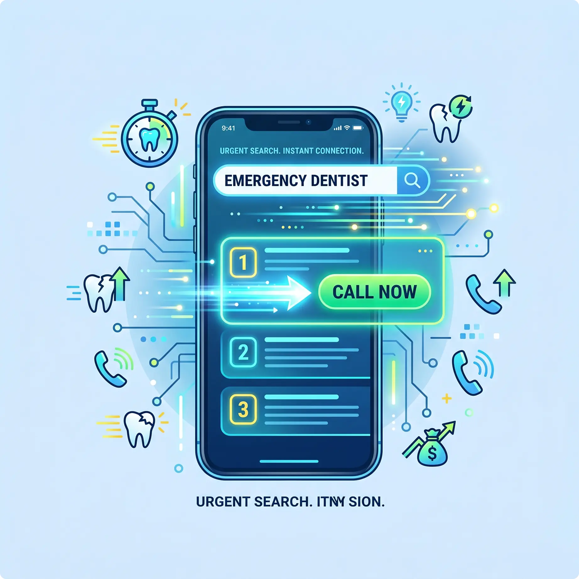 Emergency dentist SEO dashboard illustration showing urgent patient acquisition strategies