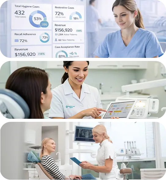 A collage featuring a woman receiving dental care