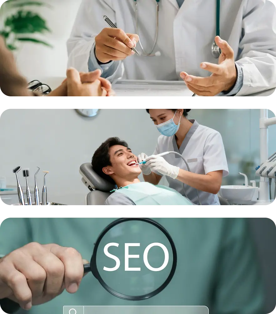 Images showing consultations, orthodontic treatment, and orthodontic SEO strategies