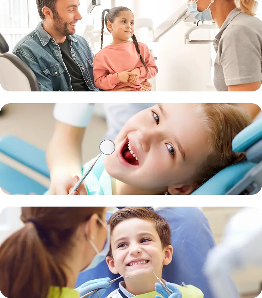 Images showing parent consultations and children receiving dental treatment