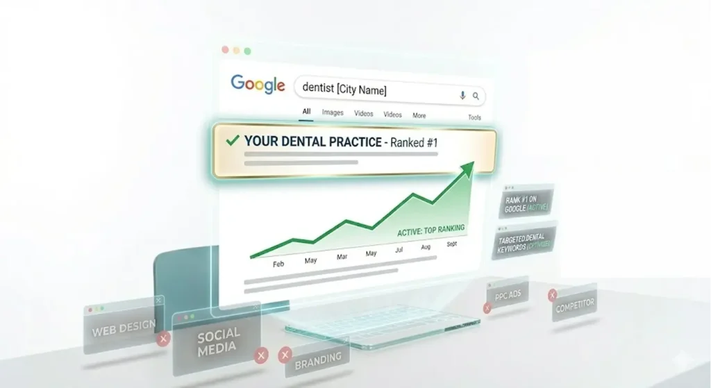 Dental SEO growth dashboard showing rankings, traffic improvements, and analytics results