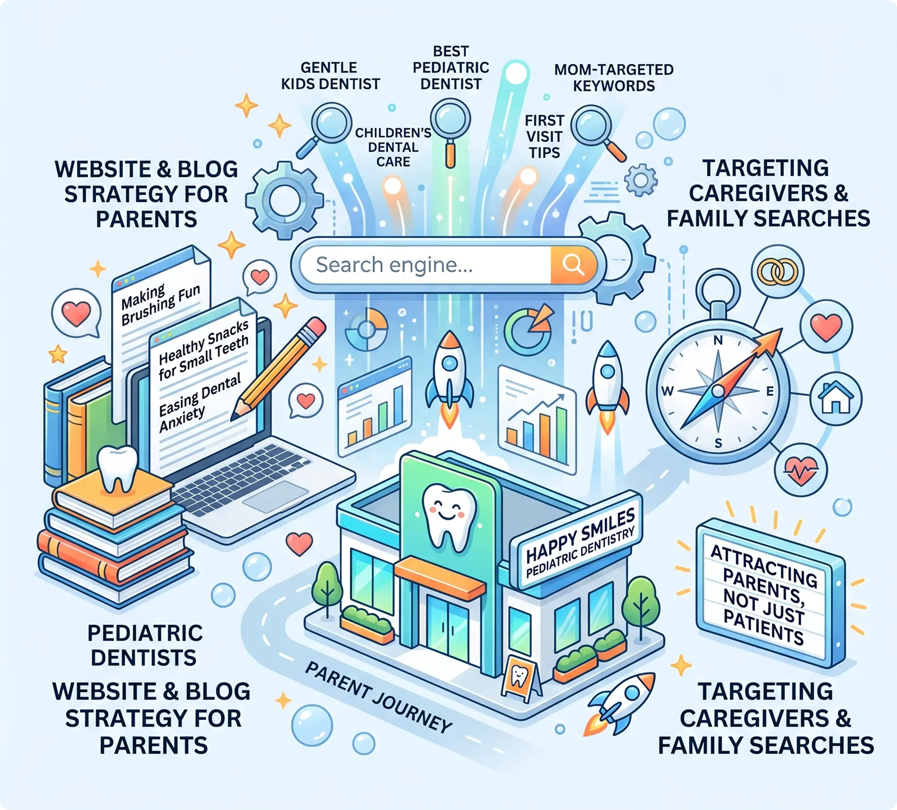 Pediatric dentist SEO illustration targeting parents searching for children's dental care