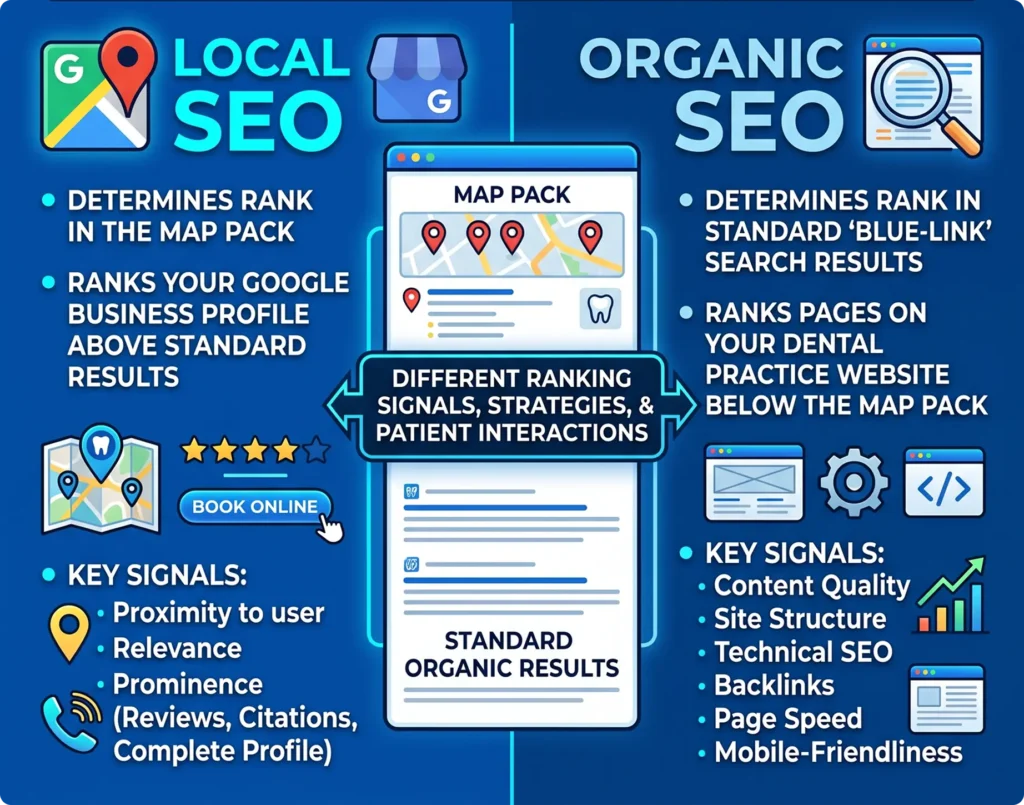 Local SEO and organic SEO comparison showing ranking differences clearly