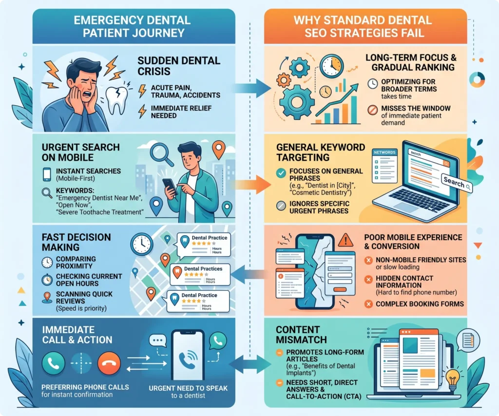 Comparison infographic showing limitations of standard dental SEO approaches