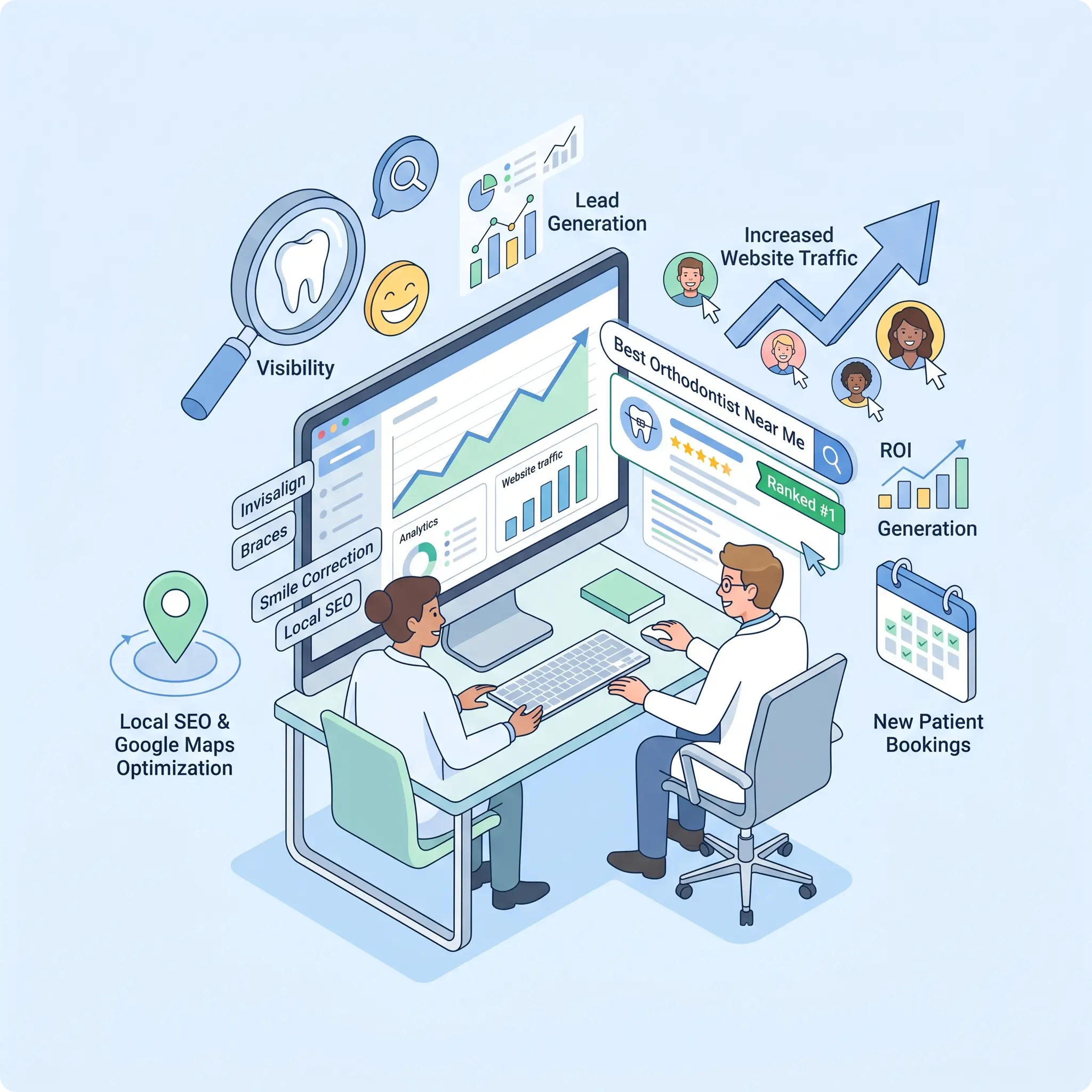 Orthodontist SEO analytics illustration improving patient acquisition strategies online