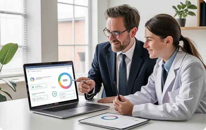 Dental marketing experts reviewing performance reports for multiple locations