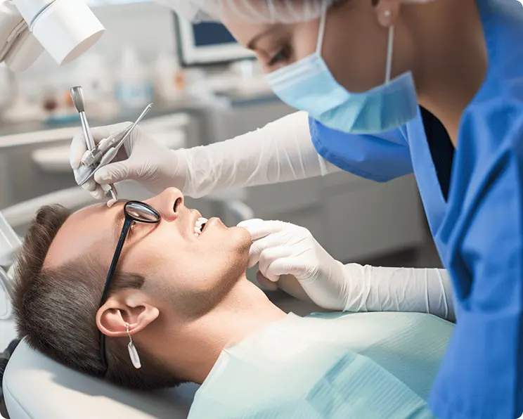 Dentist performing emergency dental treatment on patient in clinic