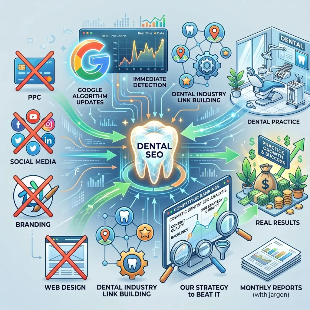 Dental focused SEO infographic explaining specialized strategies for practice growth