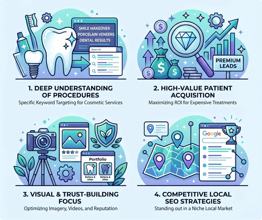 Cosmetic dental SEO infographic illustrating specialist strategies for growth.