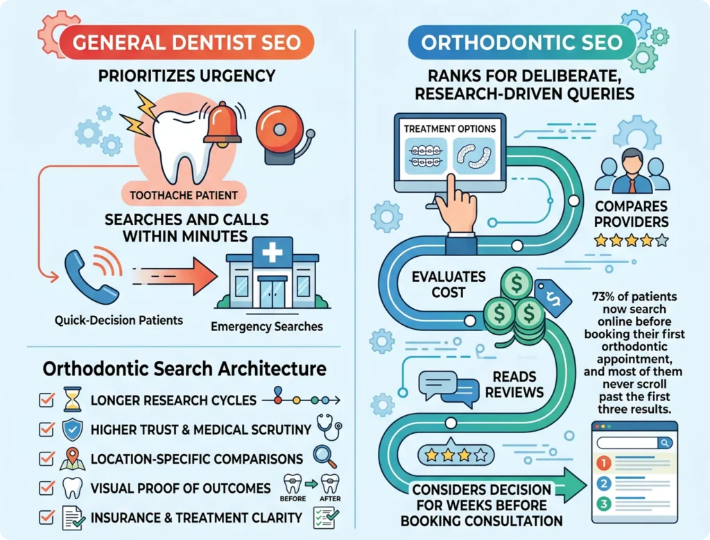 Infographic explaining orthodontic patient behavior and specialized SEO strategies