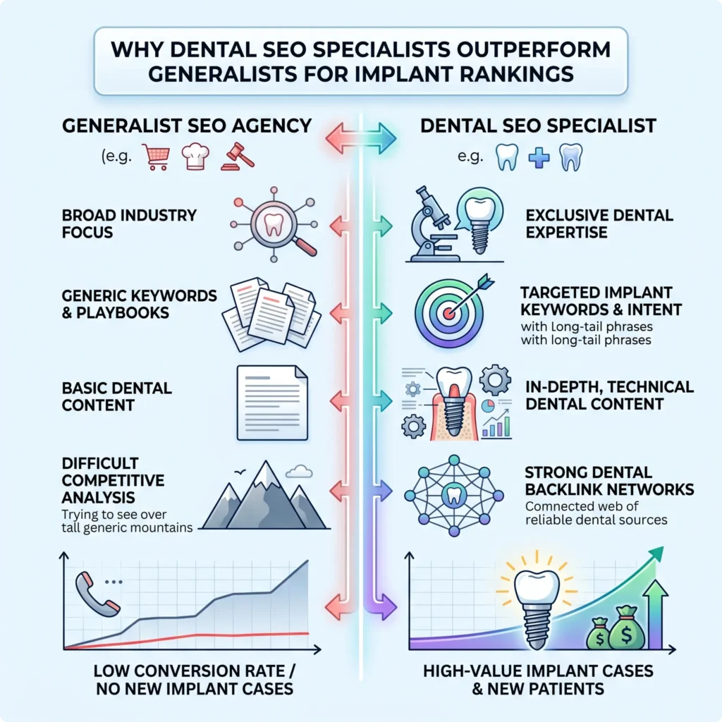 Dental SEO specialist comparison infographic highlighting superior implant ranking strategies.